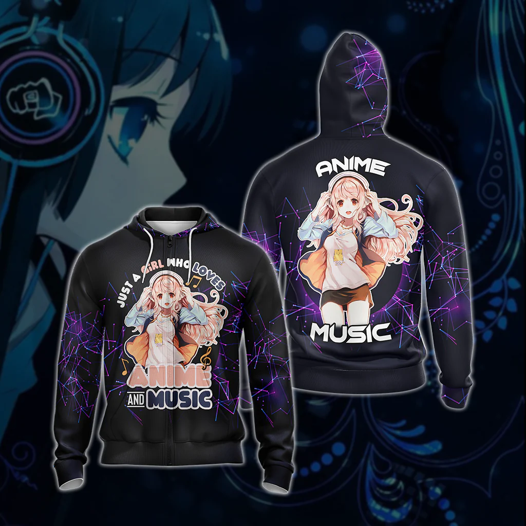 Just a girl who loves anime and music T-shirt Zip Hoodie Pullover Hoodie - Image 3