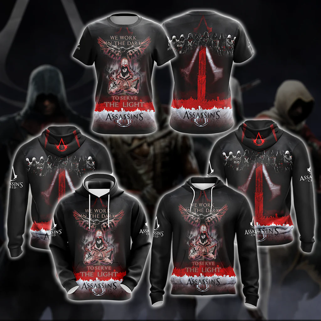 We work in the Dark to serve the Light Assassin's Creed All Over Print T-shirt Zip Hoodie Pullover Hoodie - Image 5
