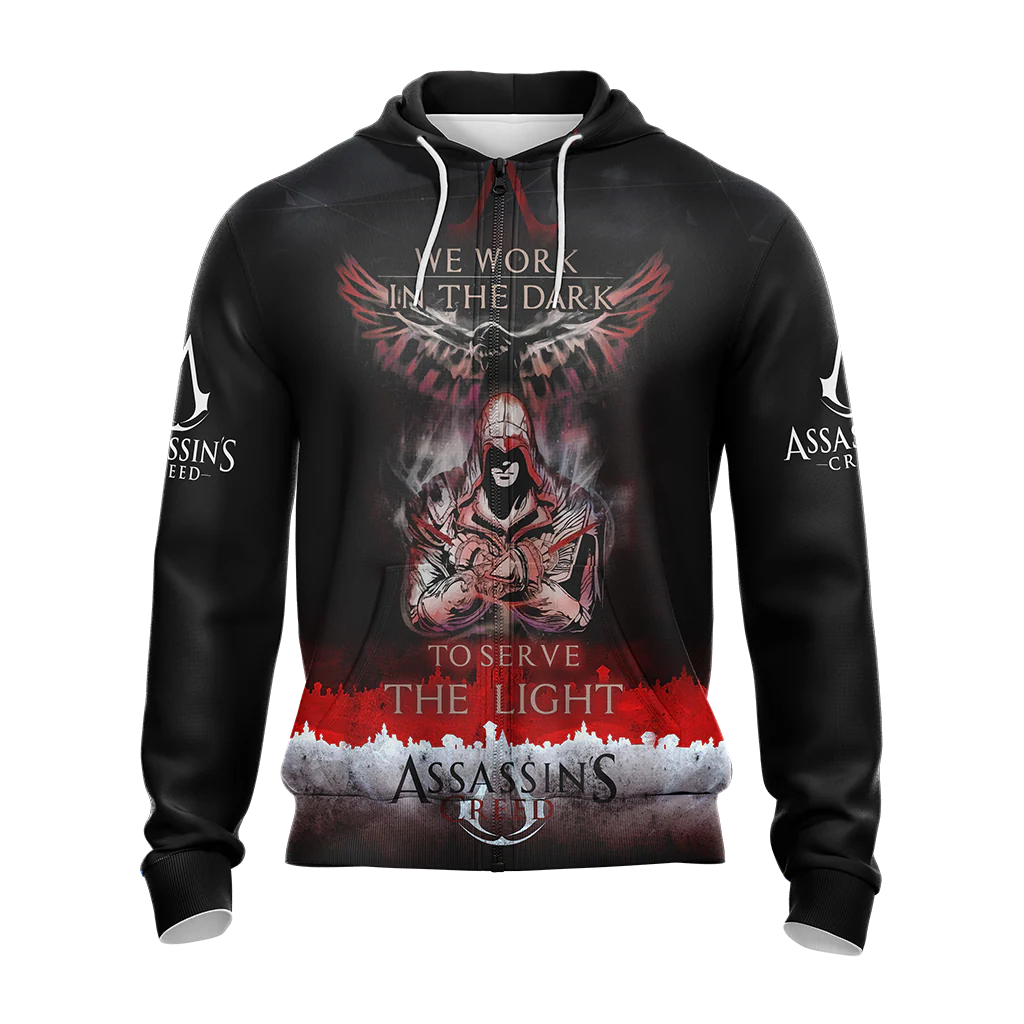 We work in the Dark to serve the Light Assassin's Creed All Over Print T-shirt Zip Hoodie Pullover Hoodie - Image 9