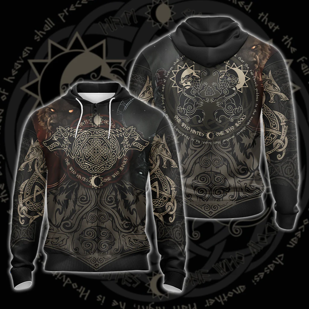 Vikings - The Sons Fenrir The Wolf Hati & Sköll - One Who Hates One Who Mocks Unisex 3D T-shirt Zip Hoodie Pullover Hoodie - Image 3