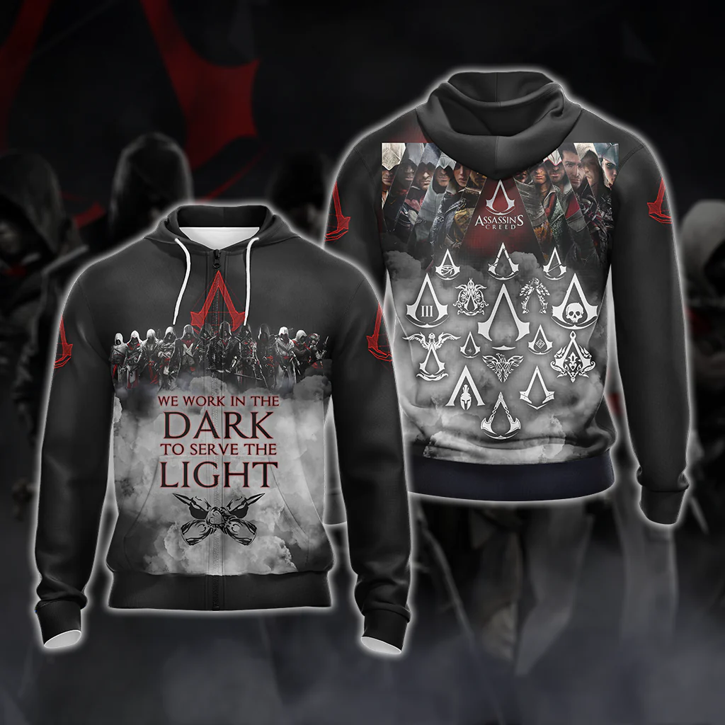 Assassin's Creed All Games Logos - We work in the dark to serve the light Unisex 3D T-shirt Zip Hoodie Pullover Hoodie - Image 3